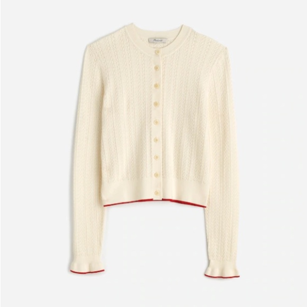 Madewell Ivory The Signature Open-Knit Cardigan Sweater Red Trim